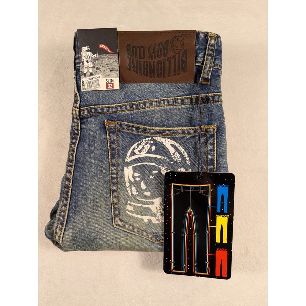 NWT Billionaire Boys Club Axil Jeans Mens Size 32 Blue Denim Astronaut Patches